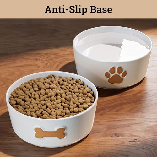 Ceramic Dog Bowl Set of 2 with Anti-Skid Base - 6.5" Wide x 2.5" Tall Ceramic Dog Bowls Medium Sized Dogs - 3.8 Cup Capacity Food and Water Bowls for Dogs - Rubber Bottom Pet Bowl Set of 2 Medium Size - color: Brown, size: Medium 6.5"