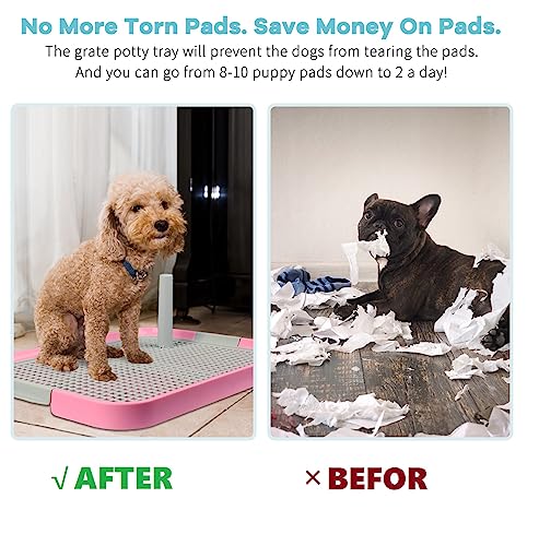Dog Potty Tray Toilet 20"x14" Doggy Bathroom Dog Litter Box, Indoor Pee Pad Holder with 8pcs Training Pads, Puppy Pee Mesh Potty Training Tray with Secure Latch, Potty Pan for Small Medium Puppies - color: Pink
