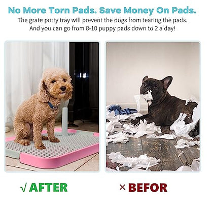 Dog Potty Tray Toilet 20"x14" Doggy Bathroom Dog Litter Box, Indoor Pee Pad Holder with 8pcs Training Pads, Puppy Pee Mesh Potty Training Tray with Secure Latch, Potty Pan for Small Medium Puppies - color: Pink
