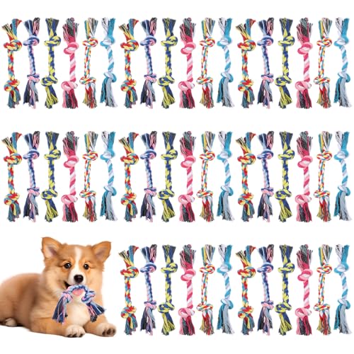 48 Pcs Dog Rope Toys Bulk for Medium and Small Dogs, Multi Color Dental Cotton Puppy Teething Toys 2 Knot Indestructible Chew Tug of War Dog Toys for Aggressive Chewers Supplies