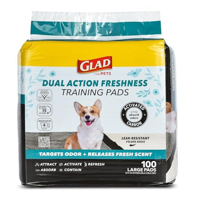 Glad for Pets Dual Action Freshness Activated Carbon Puppy Pads, Fragrance Release, Scented Odor Control, 6-Layer Leak-Proof, Pheromone Attractant, 23 x 23 Inch, 100 Count - size: 100 Count (Pack of 1)
