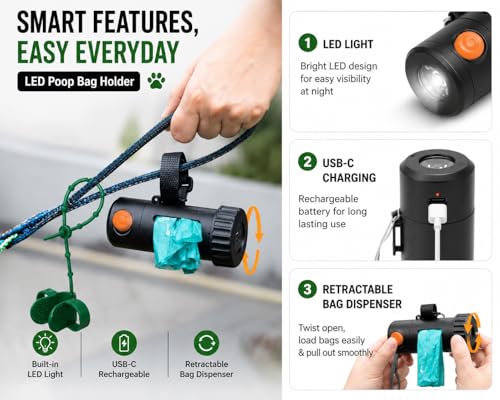 Smart Poop Bag Holder With LED Light - No Batteries Needed - USB-C Rechargeable Special Retracting Function Compact Durable Lightweight Perfect Pet Gift Comes With free 150 bags and Charging Cable