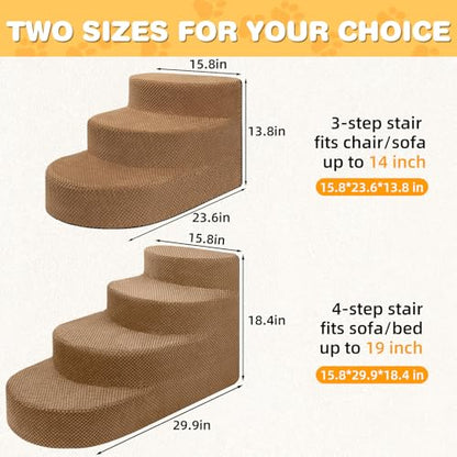 Dog Stairs 3 Steps Foam Pet Ramp for Small Dogs Cats, Khaki | Non-slip foam stairs with washable cover, ideal for beds & sofas. Sturdy, safe & easy to clean. - color: Khaki-3-Step