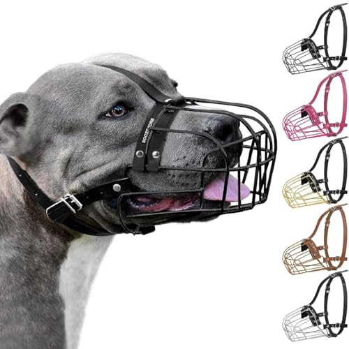 BRONZEDOG Pitbull Dog Muzzle Metal Mask Amstaff Wire Basket Pit Bull Adjustable Leather Straps for Large Dogs (Black) - color: Leather, Black Metal