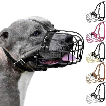 BRONZEDOG Pitbull Dog Muzzle Metal Mask Amstaff Wire Basket Pit Bull Adjustable Leather Straps for Large Dogs (Black) - color: Leather, Black Metal