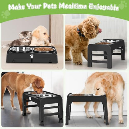 Elevated Bowls with Adjustable Heights - Raised Stand with 2 Stainless Steel Food Bowls, Non-Slip Foldable Feeder for Medium Large Dogs, Adjusts to 12.36", 10.75", 9.2", 3.7", Black - color: Black, size: Medium dogs