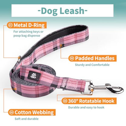 IVY&LANE Dog Collar with Bowtie and Leash Set | Plaid Adjustable Dog Collar | Detachable Bow Tie |5 FT Dog Leash | for Small Medium Large Dogs | Checkered Pink | Small - color: Checkered Pink, size: S