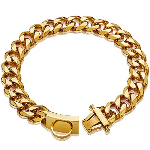 Gold Dog Chain Collar Walking Metal Chain Collar with Design Secure Buckle,18K Cuban Link Strong Heavy Duty Chew Proof for Medium Dogs(19MM, 14") - size: 14 Inch (Pack of 1)