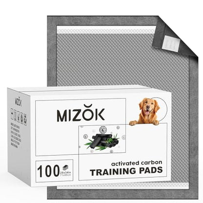 MIZOK Dog Pee Pads Large 28x34in Charcoal Pee Pads for Dogs Activated Carbon Odor-Control Absorbs Up to 8 Cups of Urine, 6-Layer Leak-Proof (100 Counts) - size: Large 28"x34" 100 Count