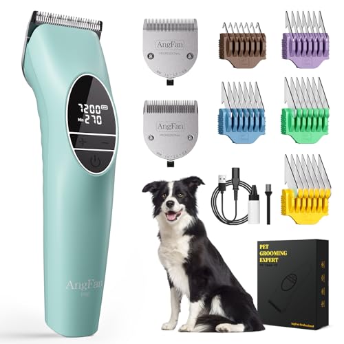 AngFan Professional Dog Clippers for Thick Coats Grooming Kit | Heavy Duty High Power,5-Speed 7200RPM,Cordless,Durable Metal Guide Combs,4.5H Long Runtime
