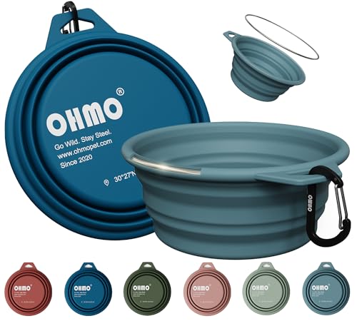 OHMO Collapsible Dog Water Bowls w/Built-in Stainless Steel Ring – 2pcs Large 27oz/800ml Portable Silicone Pet Feeding Bowl for Hiking, Camping, Travel - color: Peacock&Light Blue, size: Steel 2x27oz