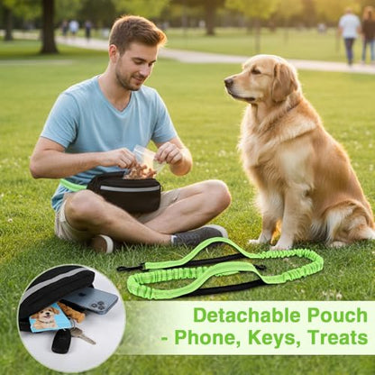 Hands Free Dog Leash with Zipper Pouch, Dual Padded Handles, Shock Absorbing Bungee Leash for Small Medium Large Dogs, Ideal for Walking Jogging Running Hiking (Green) - color: Green