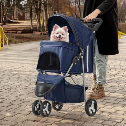 MoNiBloom 3 Wheels Pet Stroller, Foldable Dog Cat Cage Jogger Stroller with Weather Cover for All-Season, Storage Basket and Cup Holder, Breathable and Visible Mesh for Small/Medium Pets, Blue - color: Navy Blue