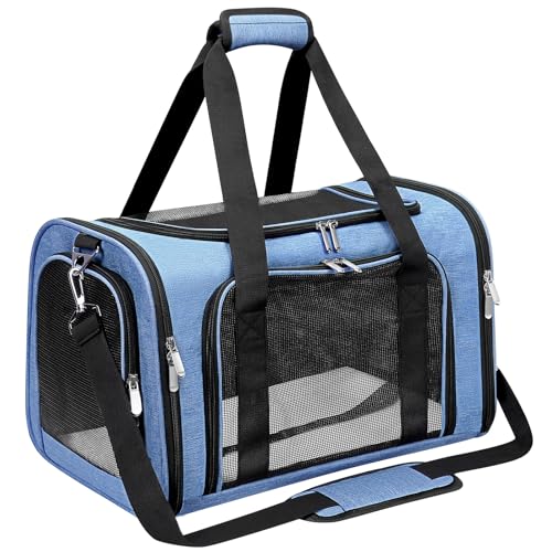 Soft-Sided Cat/Dog/Pet Carrier, Collapsible Pets Travel Carriers for Big Cats/Small Dogs with Shoulder Strap & Removable Mat, Mesh Puppy Carry Bag, Up to 16 Lbs, TSA Airline Approved(Blue) - color: BLUE, size: 17"L x 11"W x 11"H