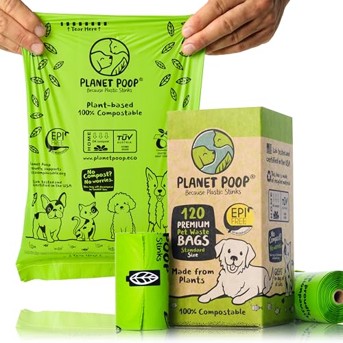 PLANET POOP Home Compostable Dog Poop Bags on Refill Rolls, 120 Un-Scented Pet Waste Bags, Thick Leakproof Plant-Based Doggy Bag, Cat & Dogs Supplies - size: 120 Count (Pack of 1)