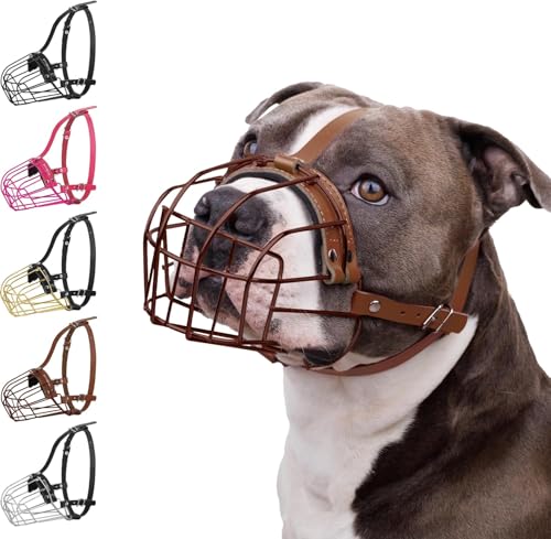 BRONZEDOG Pitbull Dog Muzzle Metal Mask Amstaff Wire Basket Pit Bull Adjustable Leather Straps for Large Dogs (Brown) - color: Leather, Brown Metal