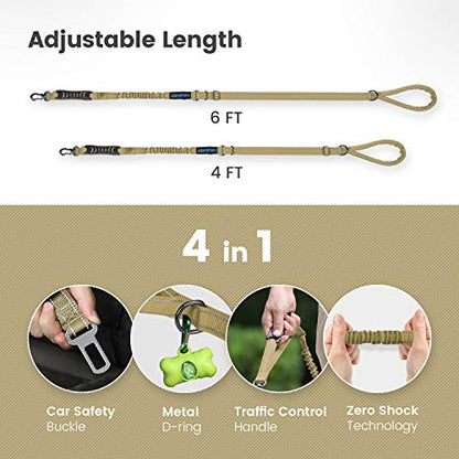 IOKHEIRA Multifunctional Dog Leash - 4-6 FT Strong Bungee, Car Seatbelt Compatible, Army Green - color: Brown