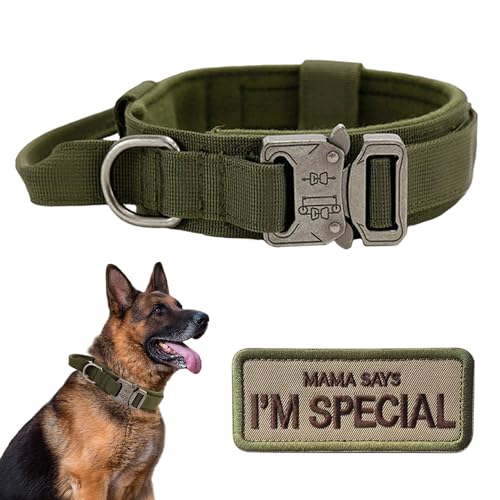 Tactical Dog Collar with Handle - Military Adjustable Dog Training Collar Soft Nylon and Heavy Duty Metal Buckle for Medium Large Dogs - with Patch (Green, Medium) - color: Green, size: Medium