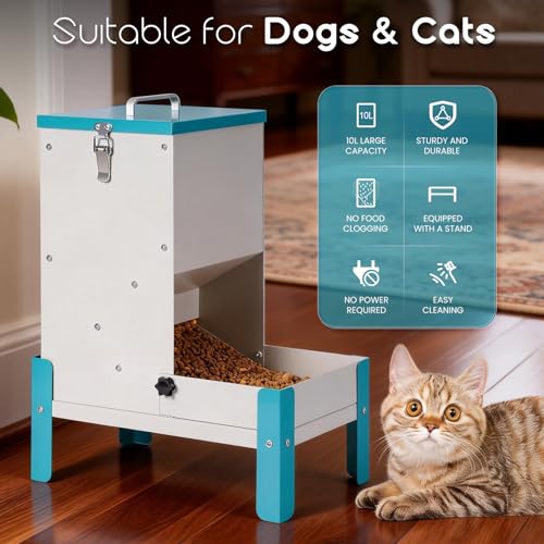 Automatic Dog Feeder 10L Auto Cat Feeder with Stand Gravity Dog Food Dispenser with A Detachable Feeding Tray, Galvanized Pet Feeding Station for Dogs & Cats (10L)