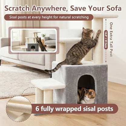 Heybly Cat Scratching Post, Sturdy Pet Stairs & Steps for Indoor Cats and Dogs, Small Cat Tree with Cat Condo, Full Wrapped Sisal Posts & Soft Rabbit-Like Plush Fabric, Light Gray & White HSP002SWWH - color: Light Gray
