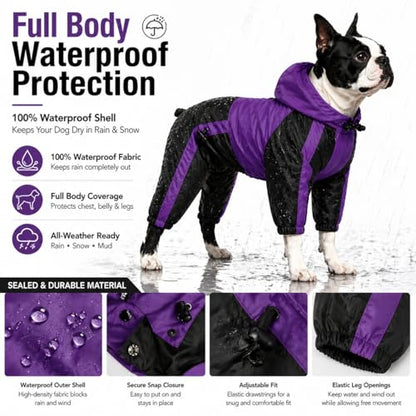 Lovelonglong Dog Hooded Raincoat, Large Dog Rain Jacket Poncho Waterproof Clothes with Hood Breathable 4 Feet Four Legs Rain Coats for Small Medium Large Pet Dogs Purple L-XS - color: Purple, size: L-XS (Medium Dog ~20lbs)
