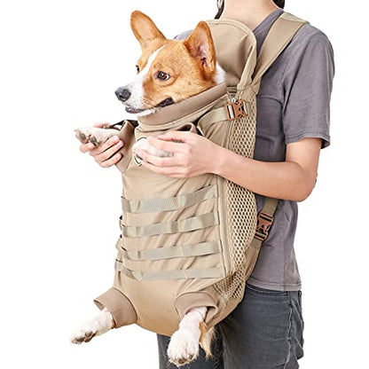 FLAdorepet Dog Carrier Tactical Backpack for Medium Large Dogs,Soft Hands-Free Legs Out Pet Front Cat Dog Carrier Backpack Travel Bag for Outdoor Traveling Hiking Camping (Medium, Khaki) - size: 21.7"L x 7.5"W x 13.0"H