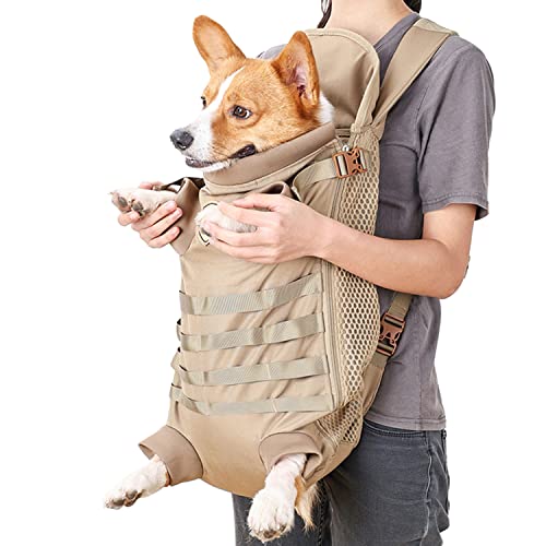 FLAdorepet Dog Carrier Tactical Backpack for Small Medium Dogs,Soft Hands-Free Legs Out Pet Front Cat Dog Carrier Backpack Travel Bag for Outdoor Traveling Hiking Camping (Large, Khaki) - size: Large(Pet 30-45LBS)