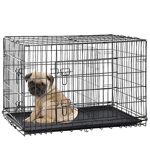Dog Crate Dog Kennel Cage for Small Dogs, 24" Portable Foldable Indoor Outdoor Large Double Door Wire Metal Puppy Cat Pet Dog Cage with ABS Tray LC & Divider, Black - color: Black, size: 23.0"L x 16.5"W x 19.0"H