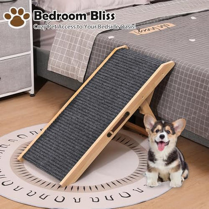 Wooden Foldable Dog Ramp for Small Dog Portable Pet Ramp,Car Ramp with Built-in Handle for Bed Car Couch Travel, 4 Adjustable Heights 9.8" to 18.1"
