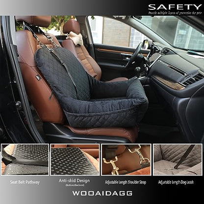 Wooaidagg Dog Car Seat for Small Dogs Up to 25 lbs,Covered Ultra-Soft Fabric and Fill in Memory Foam,Fully Detachable and Washable,2 Clip-On Safety Leashes and Storage Pockets(Black) - color: Black
