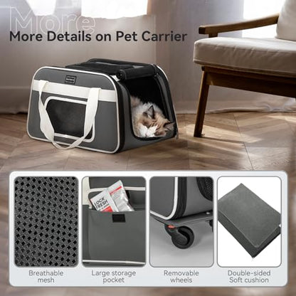 PETSFIT Airline Approved Cat Carrier with Wheels Designed for Small Dogs/Cats with Adjustable Safety Rope & Removable Wheels - color: Medium Gray, size: 20.1"L x 12.2"W x 14.2"H