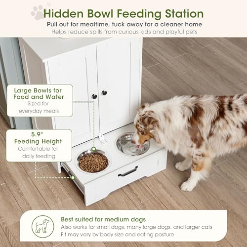 Dog Feeding Station with Storage Cabinet, White Wood Dog Cabinet with 2 Elevated Stainless Steel Bowls, Hidden Pull-Out Feeder Drawer, Pet Feeding Station for Kitchen and Living Room - color: White