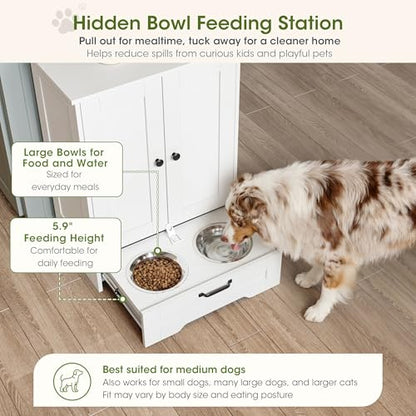 Dog Feeding Station with Storage Cabinet, White Wood Dog Cabinet with 2 Elevated Stainless Steel Bowls, Hidden Pull-Out Feeder Drawer, Pet Feeding Station for Kitchen and Living Room - color: White