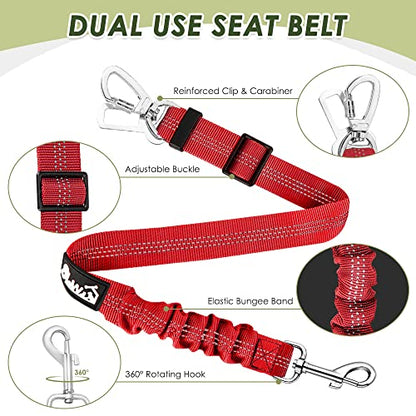 SlowTon Dog Seatbelt, 2 Pack Dog Seat Belt Car Leash Adjustable Elastic Bungee Buffer Heavy Duty Nylon Reflective Pet Safety Tether Connect to Dog Harness for Travel Riding in Vehicle (Daul Clip, R) - color: Red