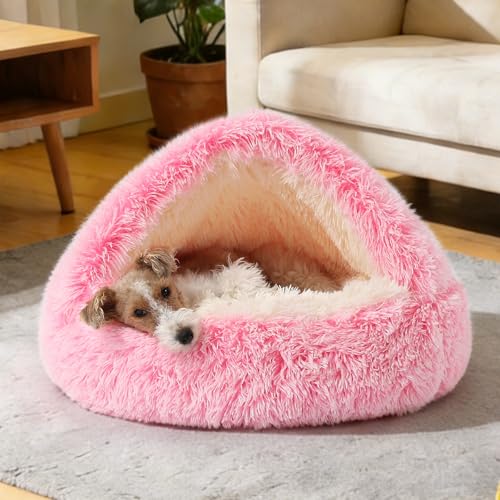 NOYAL Round Hooded Donut Dog Bed for Small & Medium Pets - Plush Fluffy Anti-Anxiety Cat Cave Bed with Cover - color: Gradient Pink, size: Medium 23.6''