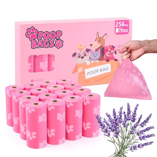 Poop Bags Rolls 256 Count - 9x13 Inches Pink Thickened Leakproof Lavender scent Poo Bags for Dogs, Eco-Friendly Pet Waste Bags for Walking, Home, Travel