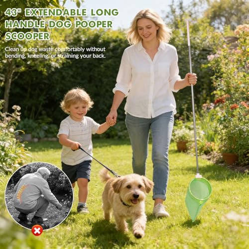 Dog Pooper Scooper, 43" Extendable Pooper Scooper Long Handle with 120 Bags | Portable Poop Scoop for Small Medium Large Dogs, No Touch, Stainless Steel, Lightweight, Foldable, Suit Yard,Wild, City, Park - color: Pink