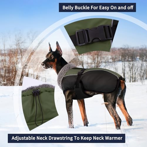 IECOii Extra Warm Reflective Adjustable Dog Jacket - Fleece Turtleneck Winter Coat for Small to Extra Large Dogs - color: Army Green, size: Large(Chest:20.9-24.4 in)