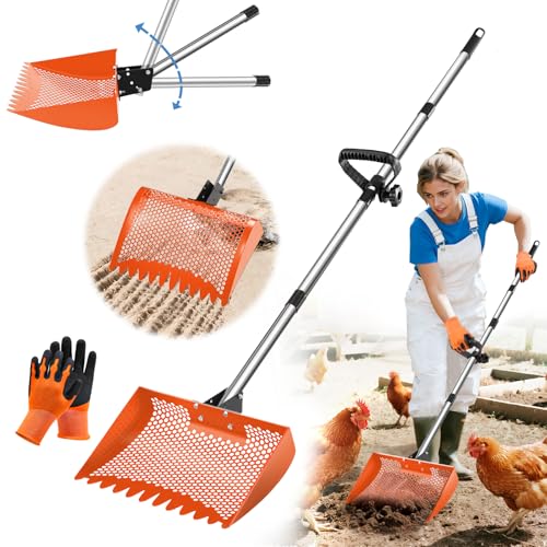 12inch Chicken Poop Scooper & Rake 2-in-1, Heavy Duty Metal Chicken Coop Scoop for Sand with Ergonomic Grip, Adjustable Angle Stainless Steel Chicken Coop Rake Sifting Shovel (37-64"),Orange - color: Orange