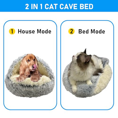 Furry Cozy Cave Bed for Cat, Enclosed Plush Dog Hooded House 20inch | Soft Fluffy, Non-Slip, Washable, Self-Warming, Appease Anti Anxiety Animal, Round