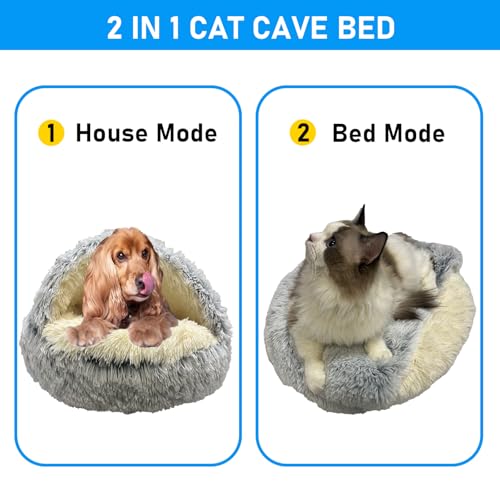Furry Cozy Cave Bed for Cat, Enclosed Plush Dog Hooded House 20inch | Soft Fluffy, Non-Slip, Washable, Self-Warming, Appease Anti Anxiety Animal, Round
