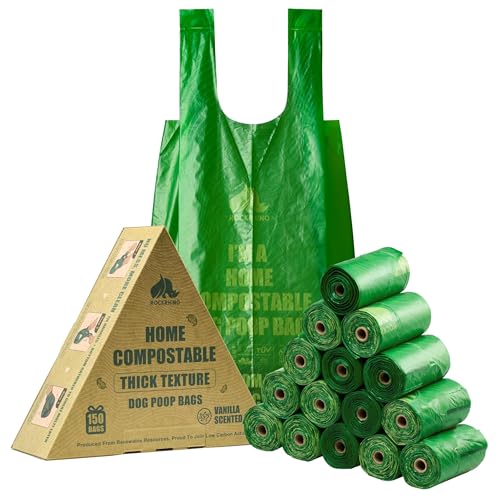Ultra Thick & Deep RockRhino Dog Poop Bags for Large & XL Breeds | 4-Layer Interlocked Bottom | 100% Home Compostable, 0% Plastic | Vanilla-Scented | 150 Bags, Easy Open Tie Handles, Not for Scooper - size: 150 Count (Pack of 1)