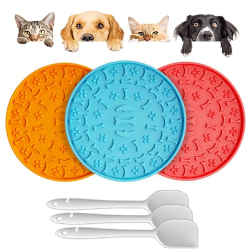 Lick Mat for Dogs & Cats 3 Pack - Silicone Dog Lick Mat with Suction Cups - Anxiety Relief/Promotes Healthy Eating/Frozen & Dishwasher Safe - Pet Peanut Butter Lick Pad LPFLASAT (Blue Orange Red)