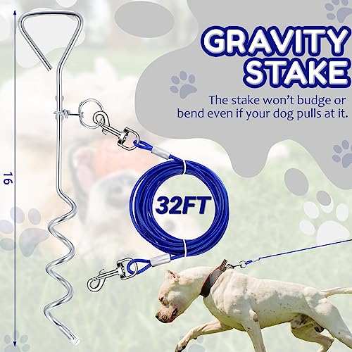 Amylove 2 Set Dog Tie Out Cable and Stake 32ft Leash Chain 16" Spiral Stake Heavy Duty Leash and Stakes for Outside Yard Camping Beach for Medium to Large Dogs up to 125 Lbs(Blue) - color: Blue