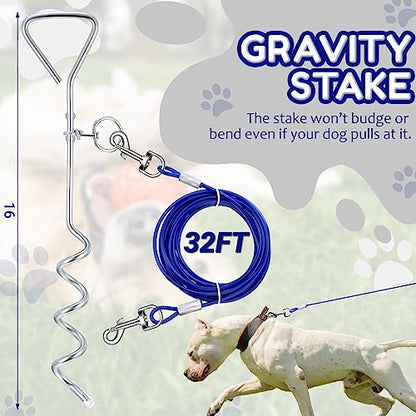 Amylove 2 Set Dog Tie Out Cable and Stake 32ft Leash Chain 16" Spiral Stake Heavy Duty Leash and Stakes for Outside Yard Camping Beach for Medium to Large Dogs up to 125 Lbs(Blue) - color: Blue