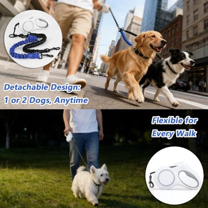 16.4ft Dual Retractable Dog Leash for Medium Dogs 35–55 lbs, USB Rechargeable LED Light, 360° Tangle-Free, Detachable Front Lead & Emergency Ready, Reflective Elastic(Black) - color: Black