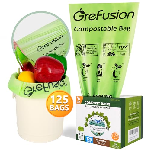 GreFusion Compostable Bags 1.2 Gallon,125 Count, Fits 0.75,1,1.2,1.3,1.6,1.8 Gallon Countertop Bin, Small compost bags, Certified by BPI, ASTM D6400 and OK Compost - color: 1.2G-125Count