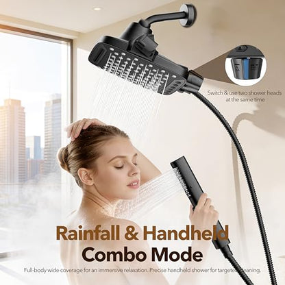 JDO High Pressure Rain Shower Head with Handheld Spray Matte Black, 7 Modes Dual Shower Head Combo, 10 Inch Rainfall Showerhead Detachable, Power Wash for Bathroom Cleaning - color: Matte Black