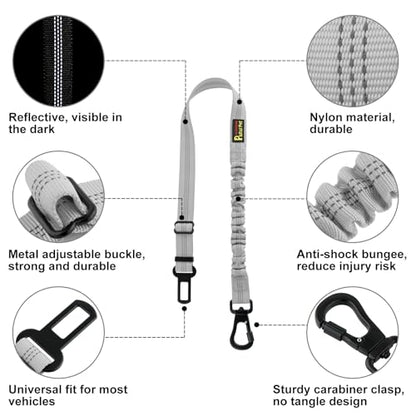 Plutus Pet Dog Seat Belt for Car, Adjustable Dog Car Harness with Carabiner Clip, Reflective Safety Dog Seatbelt Leash with Elastic Bungee, Gray - color: Gray