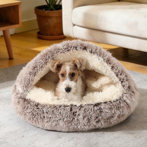 NOYAL Round Hooded Donut Dog Bed for Small & Medium Pets - Plush Fluffy Anti-Anxiety Cat Cave Bed with Cover - color: Gradual brown, size: X-Small 15.7''